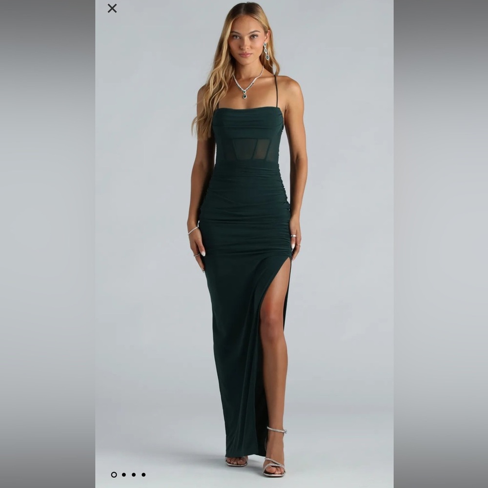 Rose Formal Mesh Corset Long Dress - Size Small - Hunter Green